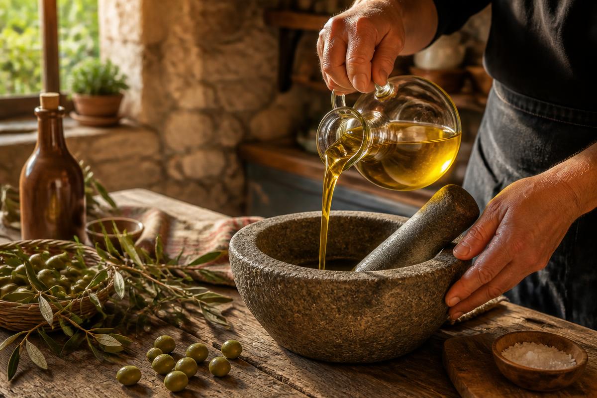 Χέρια που ρίχνουν ελαιόλαδο σε πέτρινο γουδί